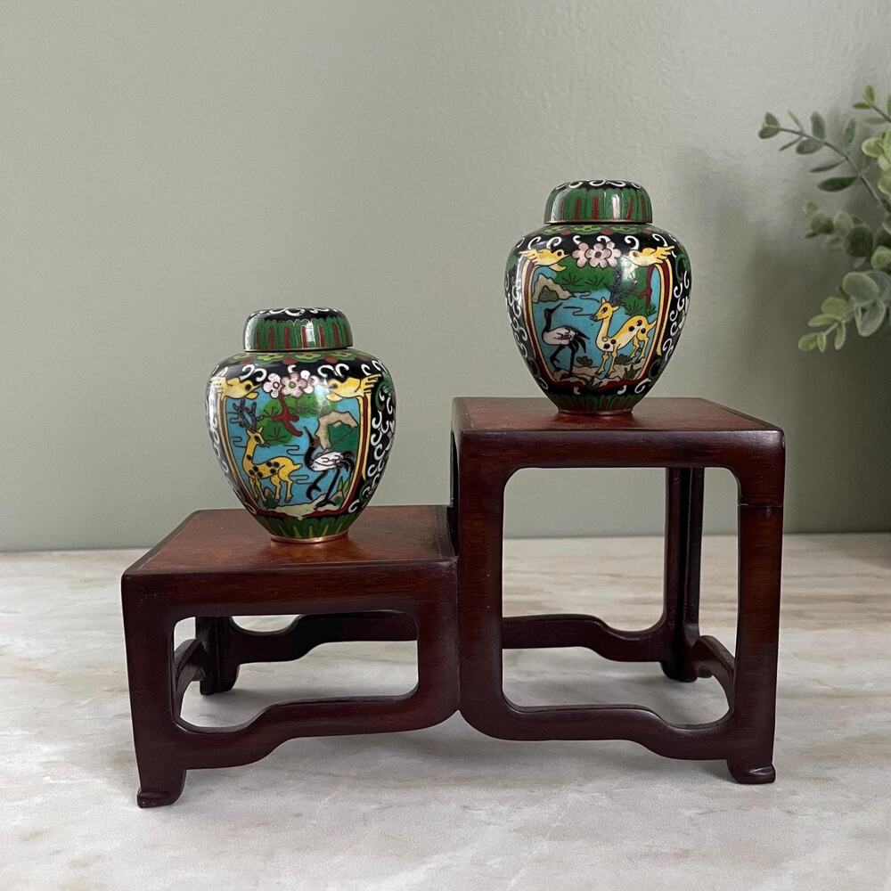 Vintage Mini Cloisonne Ginger Jars with Wooden Stand - Set of 2